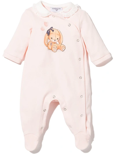 Shop Monnalisa Bunny Print Ruffled Collar Babygrow In Pink
