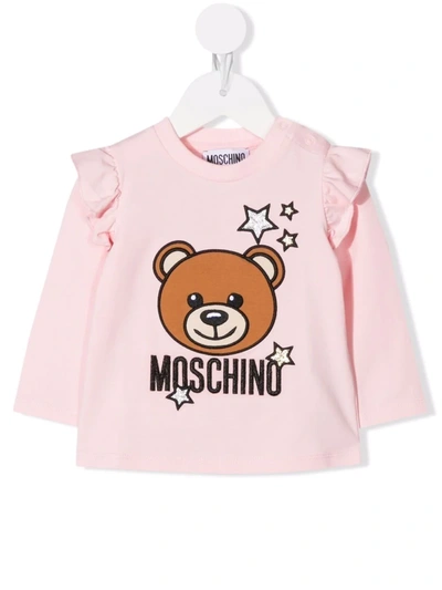 Shop Moschino Teddy Bear-print Ruffled-trim T-shirt In Pink
