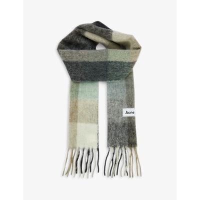 Shop Acne Studios Vally Checked Wool-blend Scarf In Green Grey Black