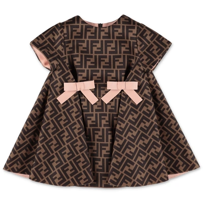 Shop Fendi Kids Bow Detailed Ff Motif Dress In Brown