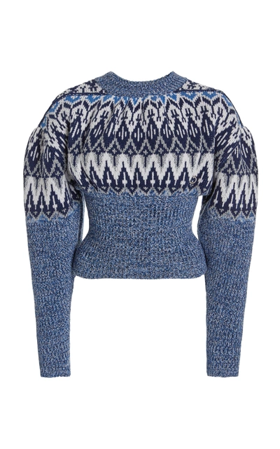 Shop Paco Rabanne Women's Puff-sleeve Fair Isle Wool-blend Sweater In Blue
