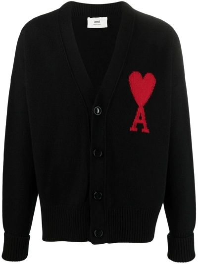 Shop Ami Alexandre Mattiussi Ami De Coeur V-neck Cardigan In Black