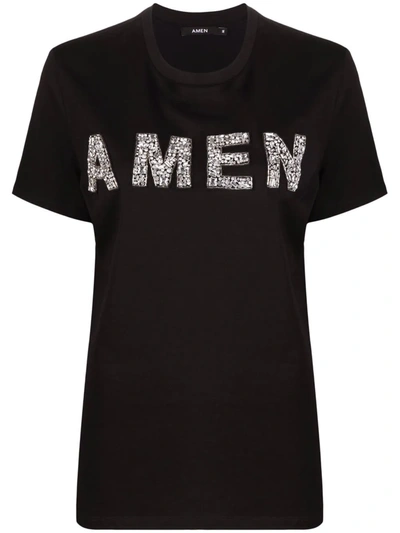 Shop Amen Crystal-embellished Logo T-shirt In 黑色
