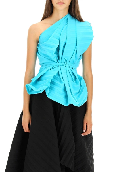 Shop A.w.a.k.e. Mode Pleated One-shoulder Top In Blue