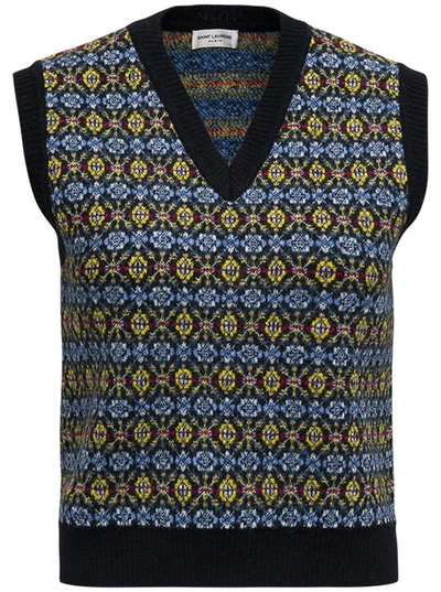 Shop Saint Laurent Wool Vest With Jacquard Motif In Multicolor