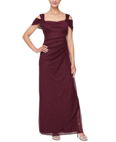 Shop Alex Evenings Cold-shoulder Draped Metallic Gown Regular & Petite Sizes In Fig