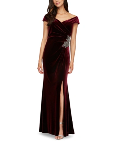 Shop Alex Evenings Off-the-shoulder Embellished Velvet Gown In Wine
