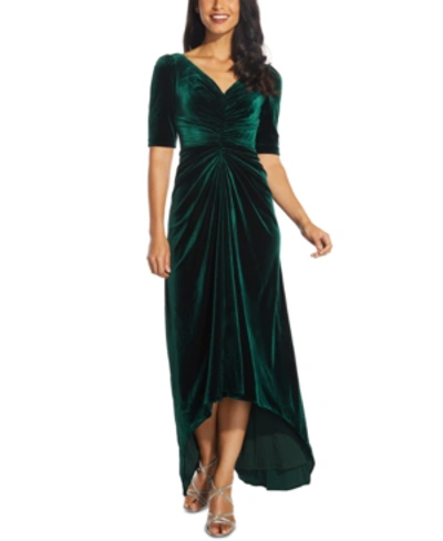 Shop Adrianna Papell Ruched Velvet High-low Gown In Emerald