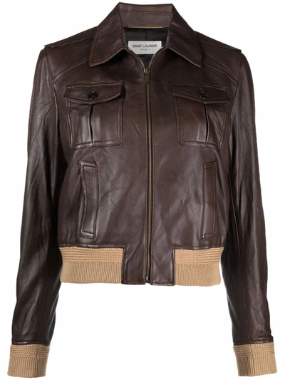 Shop Saint Laurent Creased-effect Multi-pocket Jacket In Brown