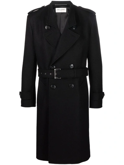 Shop Saint Laurent Belted Double-breasted Coat In Schwarz