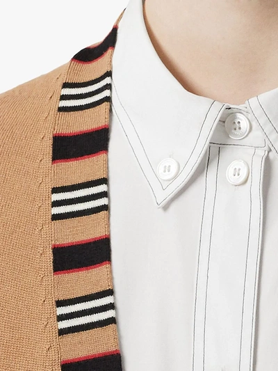 Shop Burberry Icon Stripe Detail Cardigan In Grey