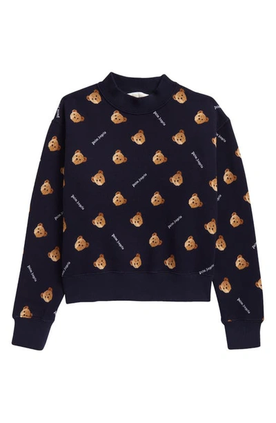 Shop Palm Angels Kids' Bear Logo Cotton Sweatshirt In Navy Blue