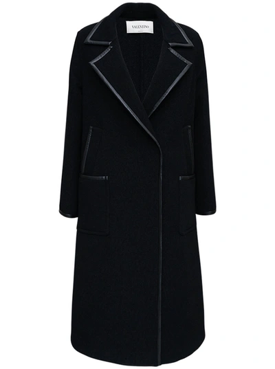 Shop Valentino Black Wool Coat With Leather Details