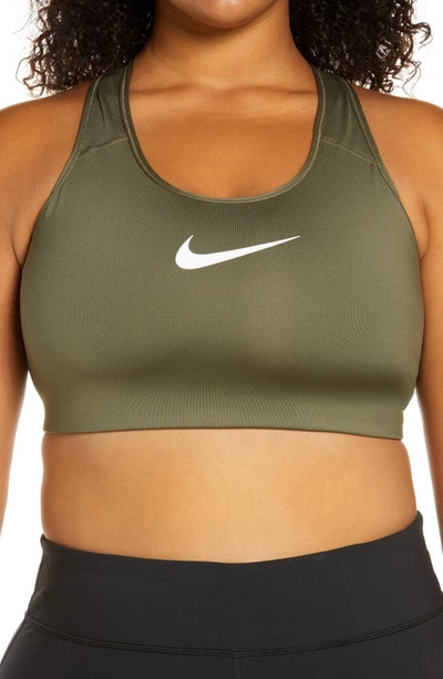 Shop Nike Dry Swoosh Bold Sports Bra In Medium Olive/ White