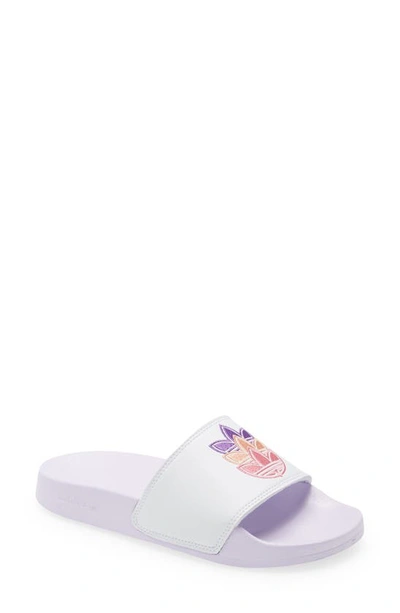 Adidas Originals Adilette Lite Sliders In White With Logo Detail In Ftwr  White/ Purple/ Rose | ModeSens