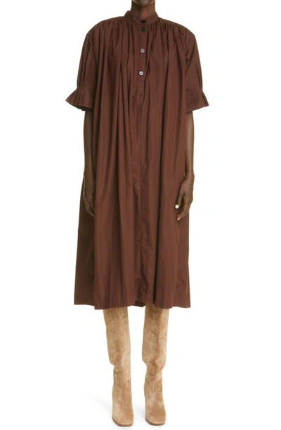 Shop Jil Sander Pleated Organic Cotton Poplin Shirtdress In Dark Brown