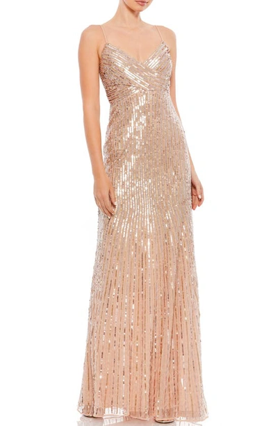 Shop Mac Duggal Sequin Stripe Tulle Trumpet Gown In Rose Gold