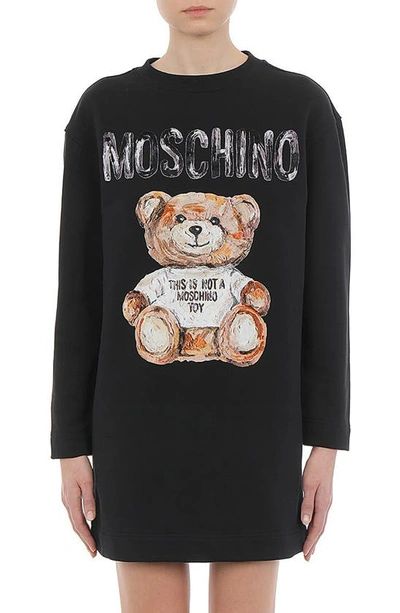 Shop Moschino Painted Teddy Bear Logo Long Sleeve Cotton Sweatshirt Dress In 1555 Fantasy Print Black