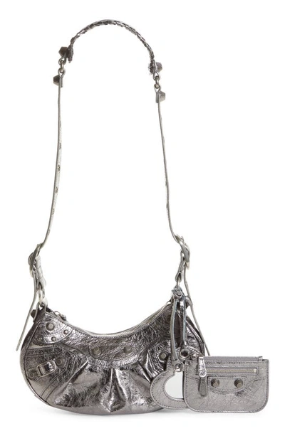 Balenciaga Extra Small Le Cagole Crinkle Metallic Lambskin Shoulder Bag In Silver