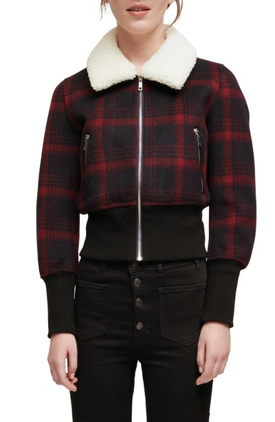 Bloppane Plaid Wool Blend Bomber Jacket With Faux Fur Collar In Navy