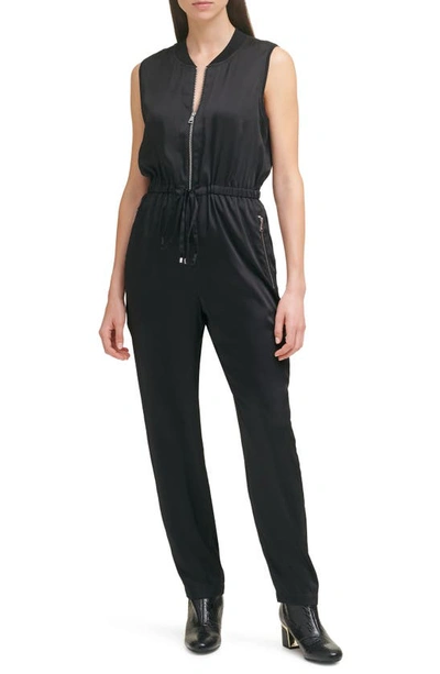 Shop Dkny Sportswear Sleeveless Satin Jumpsuit In Black