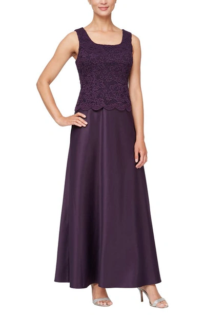 Shop Alex Evenings Embroidered Lace Mock Two-piece Gown With Jacket In Eggplant