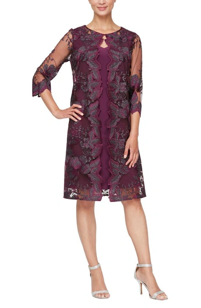 Shop Alex Evenings Embroidered Mock Jacket Cocktail Dress In Plum