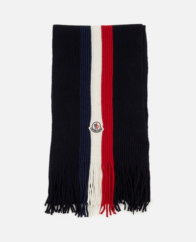 Shop Moncler Fringed Wool Knit Scarf In Blue