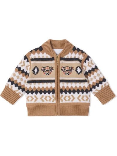 Shop Burberry Thomas Bear Intarsia-knit Cardigan In 褐色