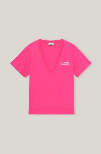 Shop Ganni Thin Software Jersey V-neck T-shirt Shocking Pink Size L