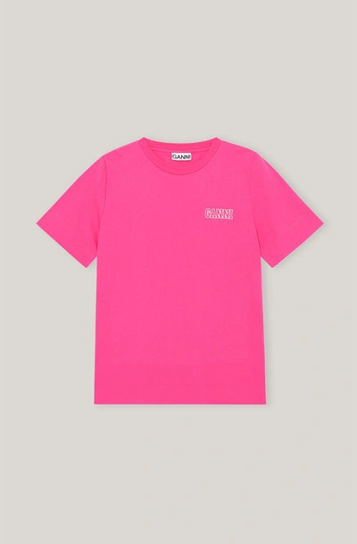 Shop Ganni Thin Software Jersey O-neck T-shirt Shocking Pink Size Xl
