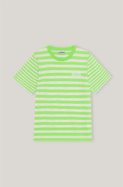 Ganni Thin Software Striped Jersey O-neck T-shirt In Green | ModeSens
