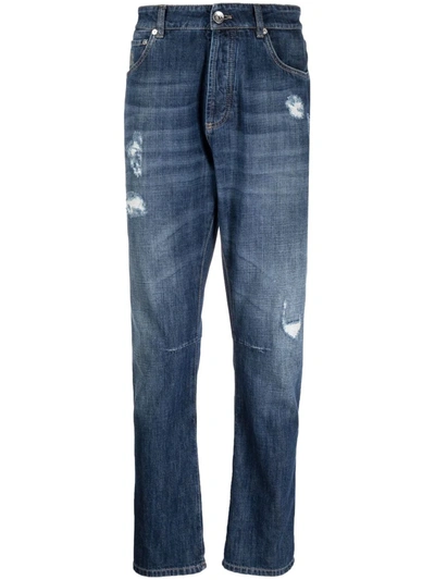 Shop Brunello Cucinelli Distressed Straight-leg Jeans In Blau