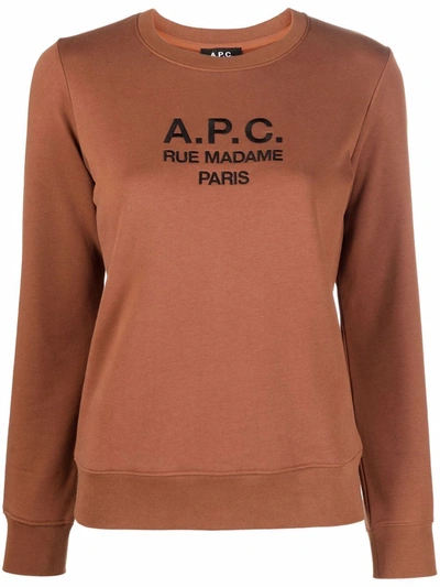 Shop Apc Embroidered Logo Cotton Sweatshirt In Braun