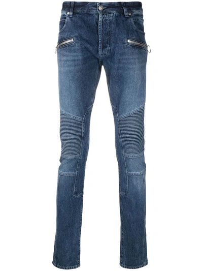 Shop Balmain Panelled Skinny Jeans In Blau