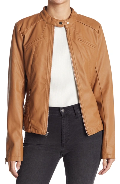 Shop Guess Faux Leather Racer Jacket In Honey