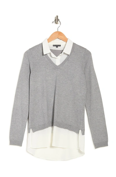 Shop Adrianna Papell V-neck Twofer Sweater In Heather Grey/ Ivory