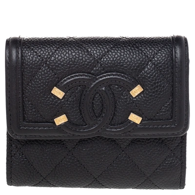 Pre-owned Chanel Black Caviar Leather Small Cc Filigree Flap Wallet