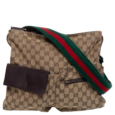 Pre-owned Gucci Beige Gg Canvas Medium Web Double Pocket Messenger Bag