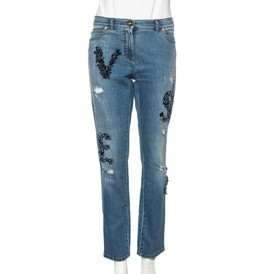 Pre-owned Versace Stone Washed Blue Cotton Logo Embroidered Jeans L