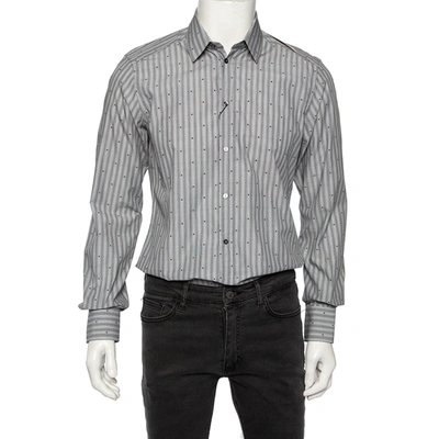 Pre-owned Dolce & Gabbana Grey Striped Cotton Embroidered Detail Gold Fit Shirt M