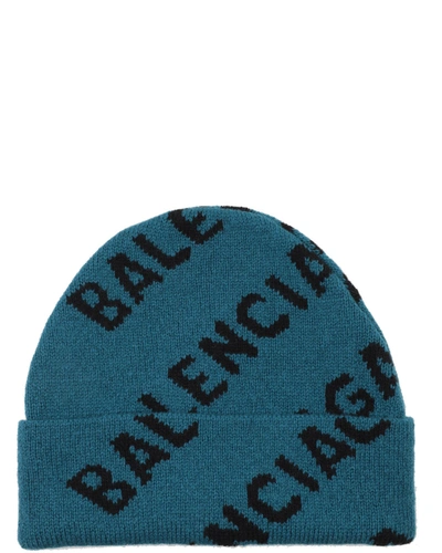Shop Balenciaga Logo Intarsia Knit Beanie In Blue