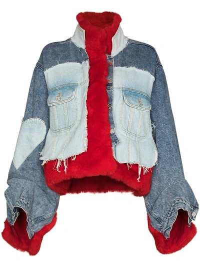 Shop Natasha Zinko Faux Fur Denim Jacket In Red