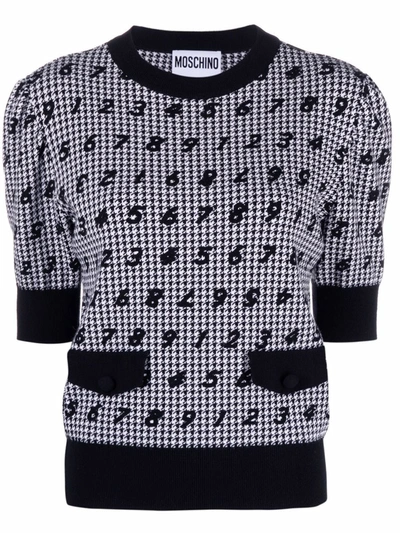 Shop Moschino Numbers-print Houndstooth Knitted Top In Black