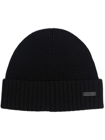 Shop Hugo Boss Logo-patch Knitted Beanie In Black