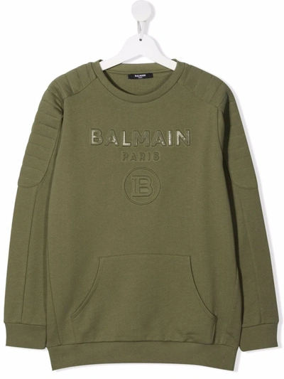 Shop Balmain Teen Raised Logo Cotton Sweatshirt In Green