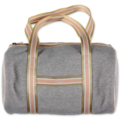 Shop Chloé Kids Logo Striped Tape Duffel Bag In Grey
