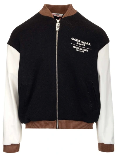 Shop Gcds Logo Patched Zipped Bomber Varsity Jacket In Black