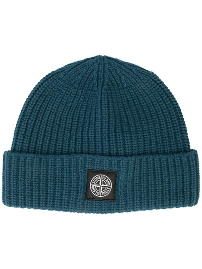 Shop Stone Island Ogo-patch Ribbed Beanie In Blue