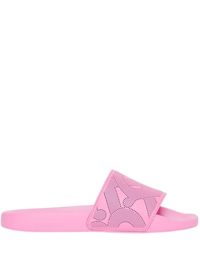 Burberry Perforated Monogram Leather Slides In Bubble Gum Pink | ModeSens